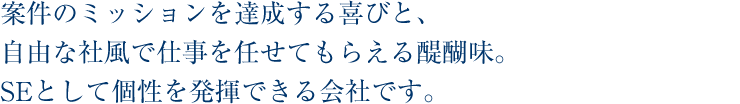 案件のミッションを達成する喜びと、自由な社風で仕事を任せてもらえる醍醐味。SEとして個性を発揮できる会社です。